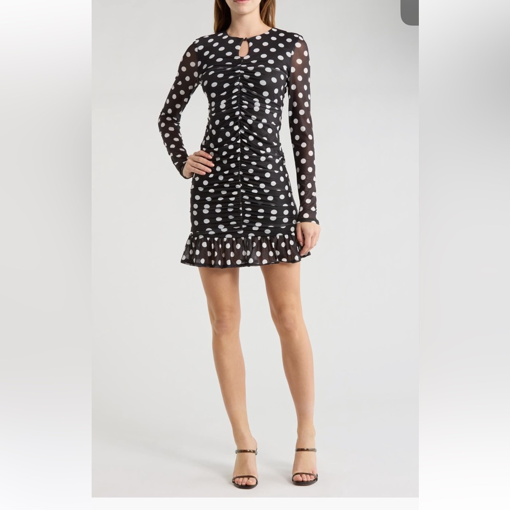 AFRM Black and White Polka Dot Ruched Mini Dress